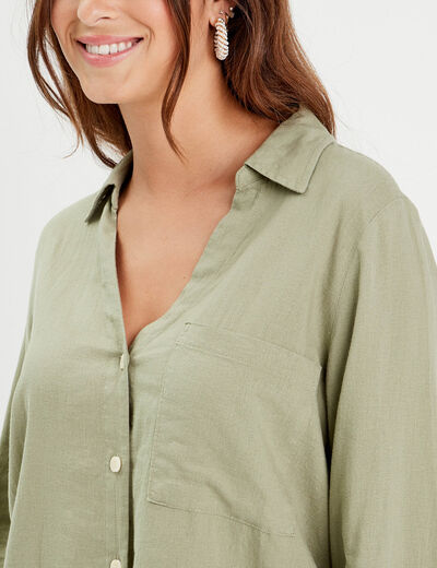 Chemise manches longues contenant du lin vert kaki femme