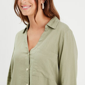 chemise manches longues contenant du lin vert kaki femme Chemise manches longues contenant du lin vert kaki femme