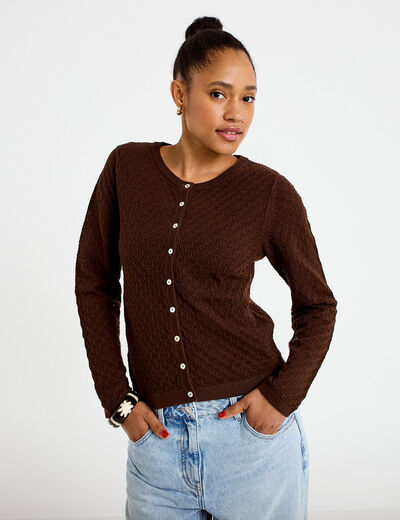 Gilet ajour&eacute; manches longues dentelle marron fonc&eacute; femme