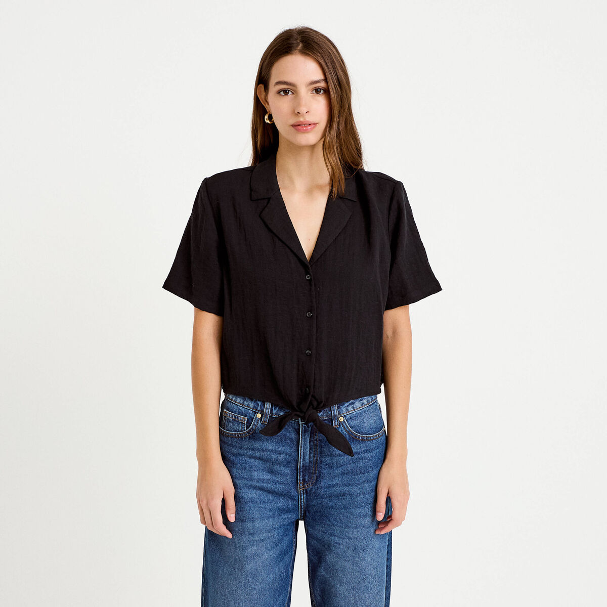 Chemise droite pliss&eacute;e manches courtes noir femme