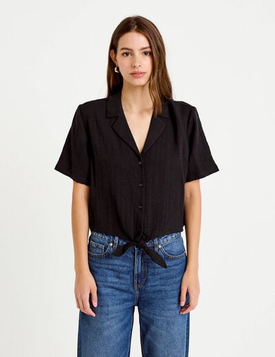 Chemise droite pliss&eacute;e manches courtes noir femme
