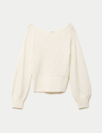Pull ajour&eacute; col bateau manches longues ecru femme