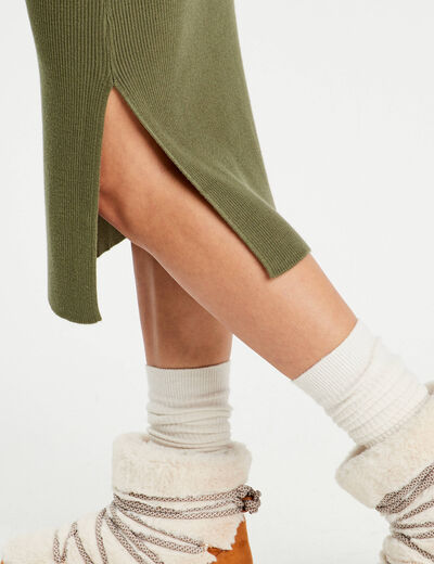 Jupe tricot midi droite vert kaki femme
