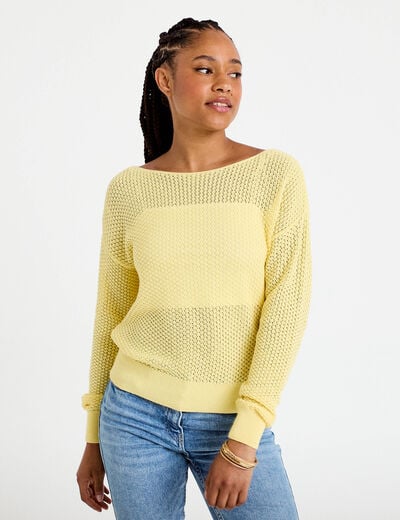 Pull ample ajour&eacute; manches longues jaune pastel femme