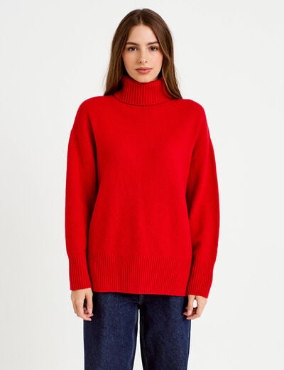 Pull col roul&eacute; manches longues rouge femme
