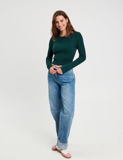 Pull torsades vert foncé femme