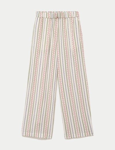 Pantalon large taille &eacute;lastiqu&eacute;e beige femme