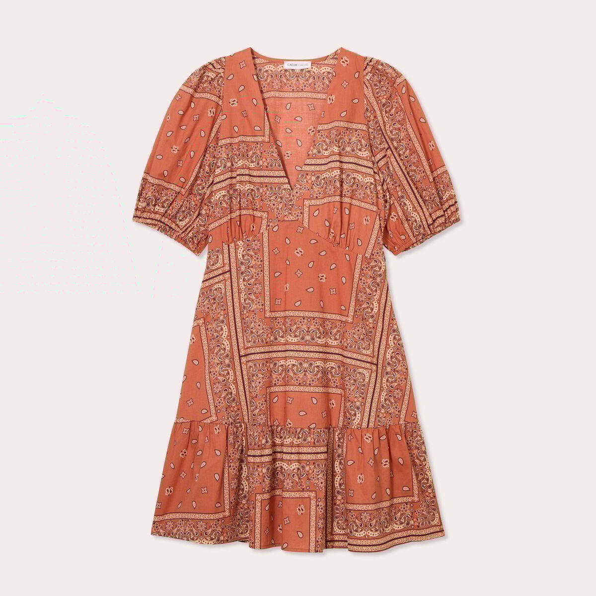 Robe évasée manches ballons terracotta femme