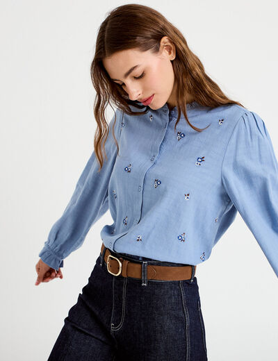 Blouse droite courte broderie bleu femme