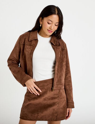 Veste droite cropped col tailleur marron femme