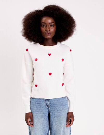 Pull &agrave; motifs coeurs ecru femme