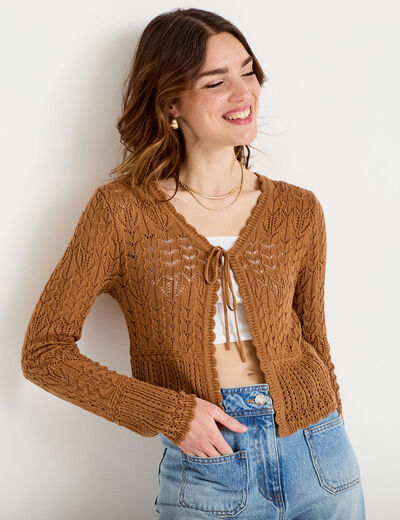 Gilet ajour&eacute; cintr&eacute; manches longues beige femme