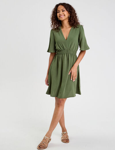 Robe évasée taille élastiquée vert kaki femme