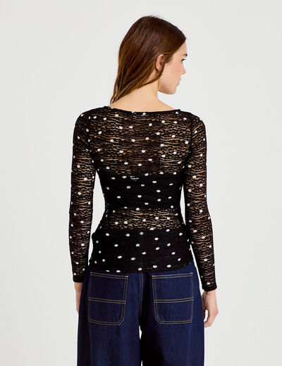 Top dentelle pliss&eacute; col bateau noir femme