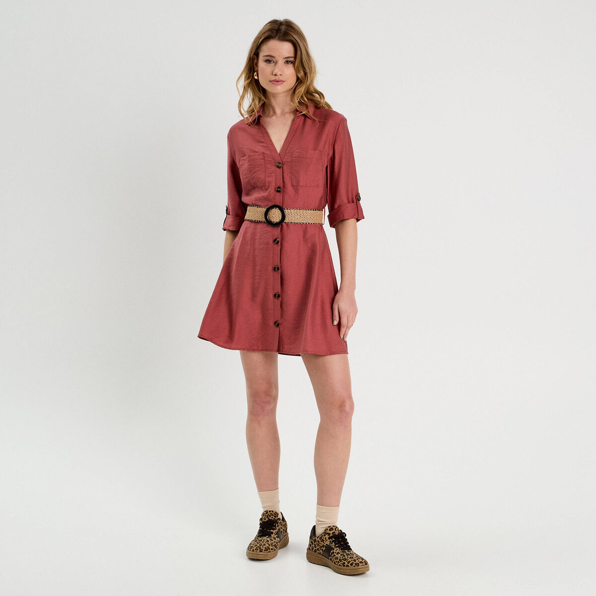 Robe chemise trapèze ceinturée vieux rose femme