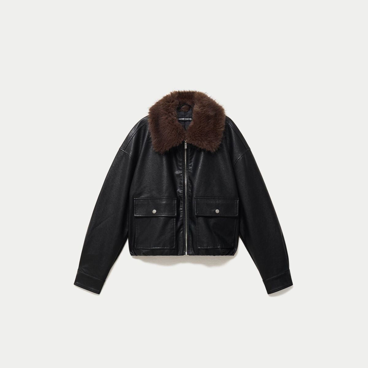 Veste droite similicuir col tailleur noir femme