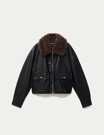 Veste droite similicuir col tailleur noir femme