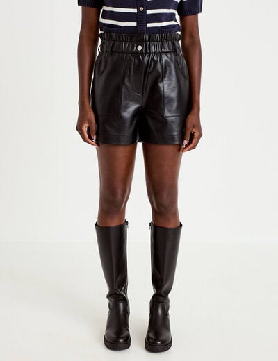 Short large taille haute en similicuir noir femme