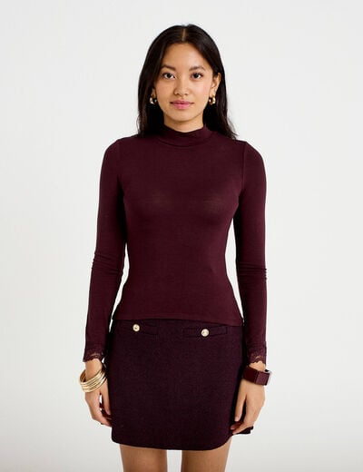 T-shirt ajust&eacute; col roul&eacute; dentelle prune femme