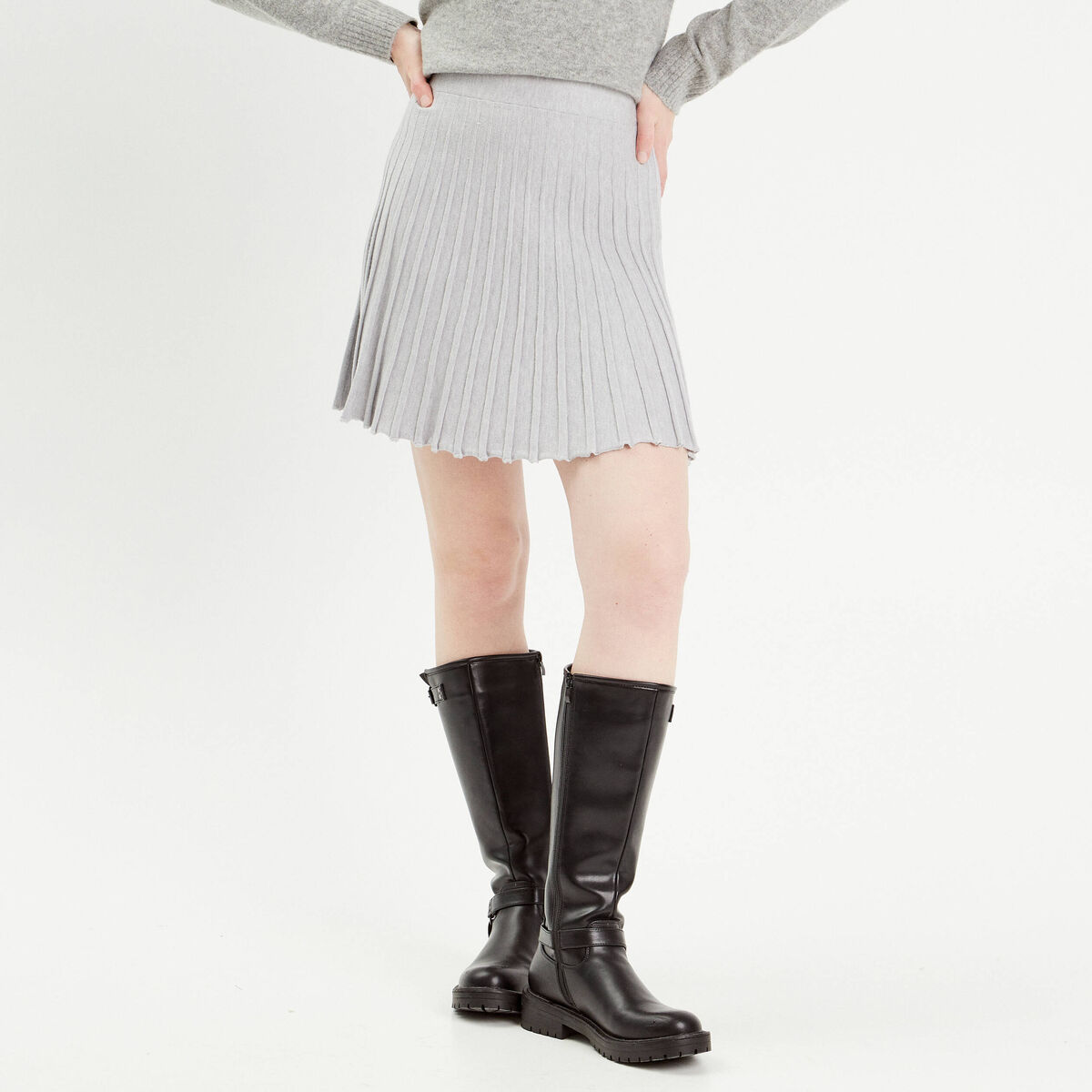 Jupe évasée plissée gris clair femme