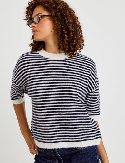 Pull ample duveteux manches courtes ecru femme