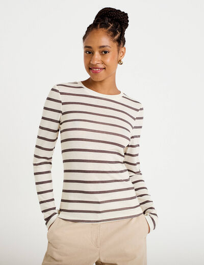 T-shirt ajust&eacute; col rond manches longues ivoire femme