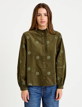 Chemise droite velours col montant vert kaki femme