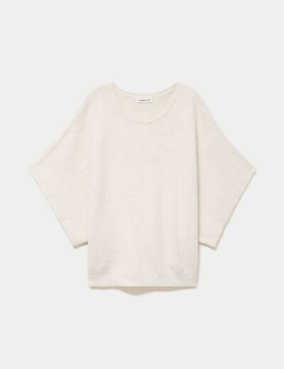 Pull oversize col rond manches courtes ecru femme