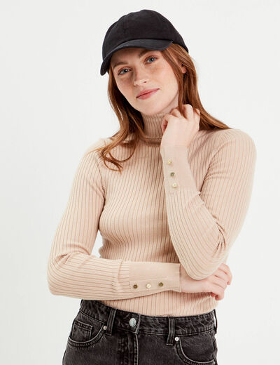 Pull col roulé côtelé sable femme