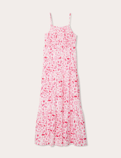 Robe longue évasée smockée rose fushia femme