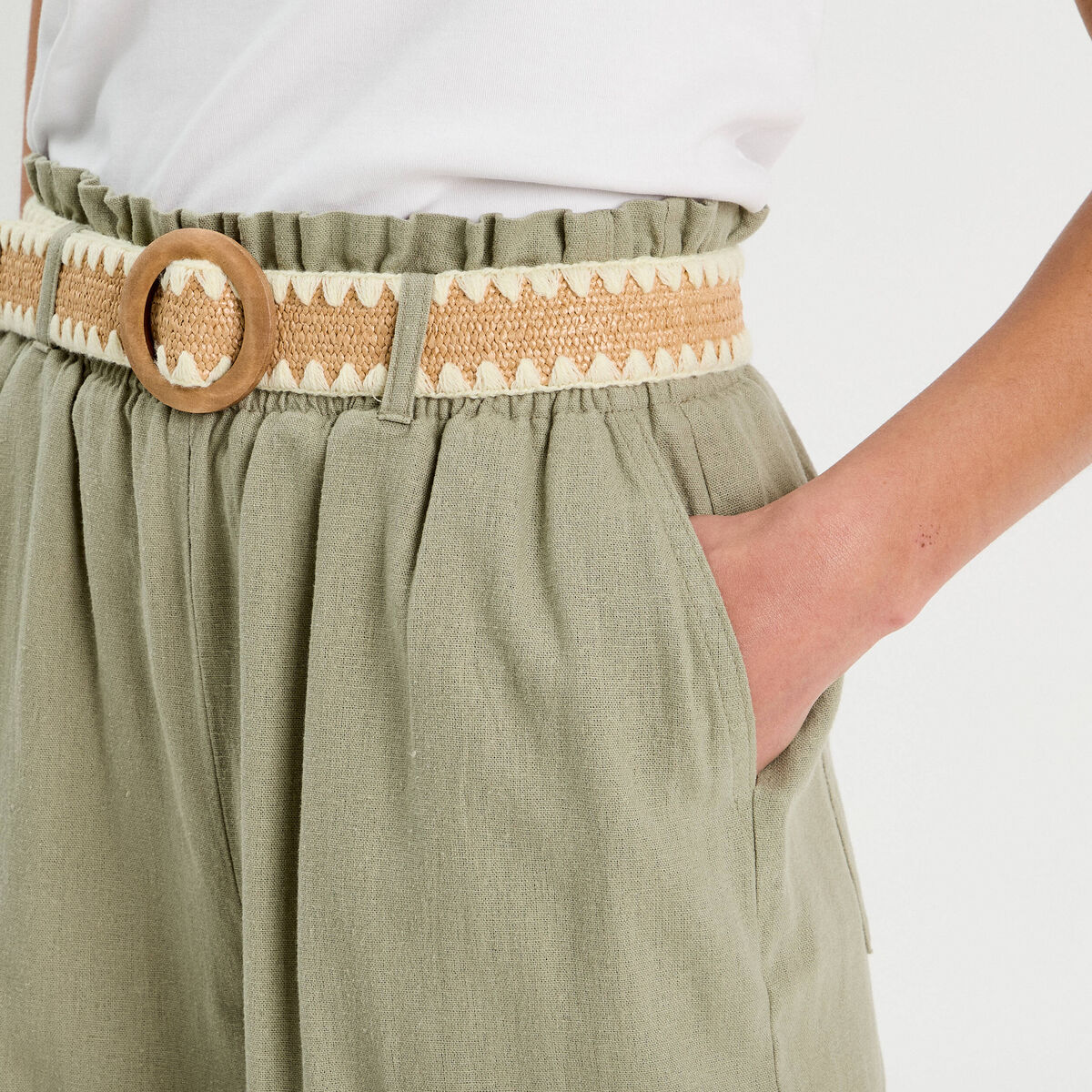 Pantalon large ceinturé contenant du lin vert kaki femme