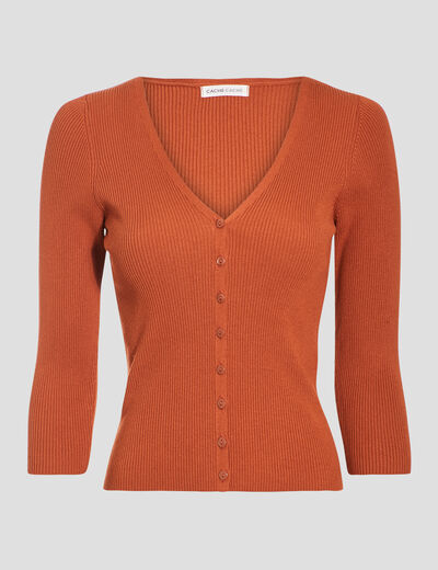 Gilet manches 3/4 boutonné marron cognac femme