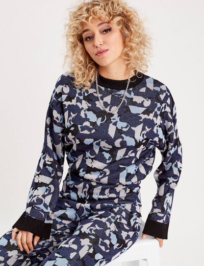 Pull manches longues col rond bleu marine femme