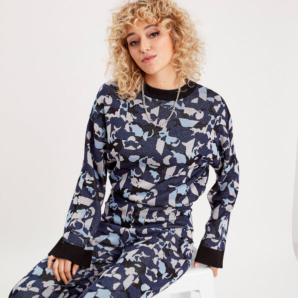 Pull manches longues col rond bleu marine femme