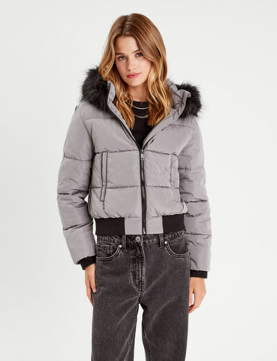 Doudoune à capuche fausse fourrure gris clair femme
