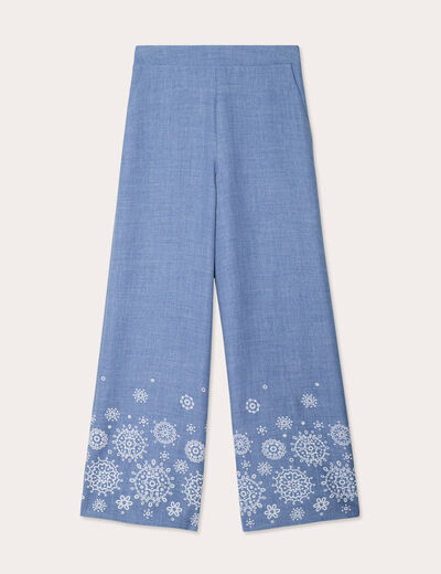 Pantalon large brodé bleu femme