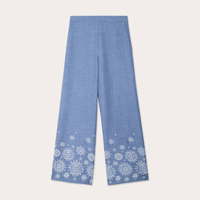 pantalon large brode bleu femme Pantalon large brodé bleu femme