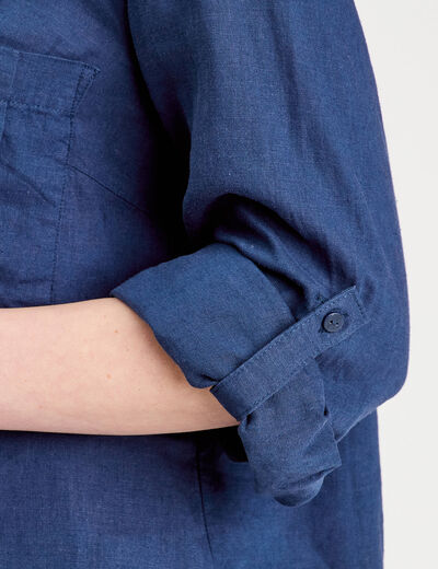 Chemise manches 3/4 contenant du lin bleu foncé femme