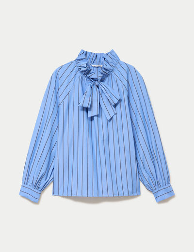 Blouse ample col montant manches longues bleu femme