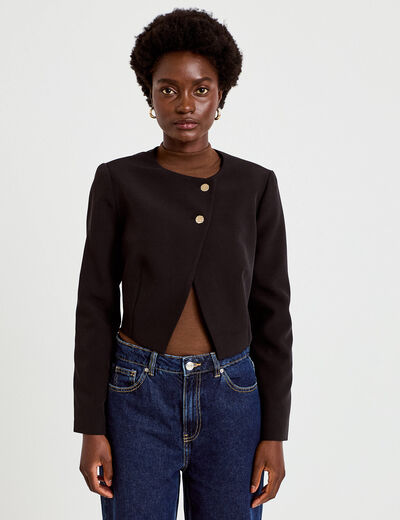 Blazer droit cropped col rond noir femme