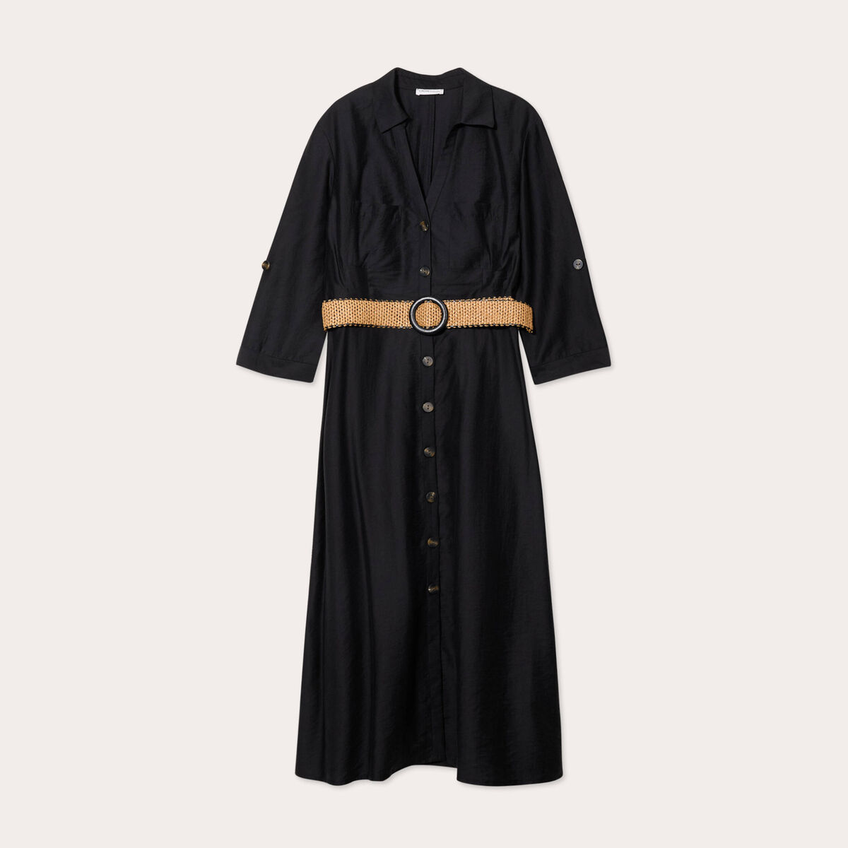 Robe longue évasée ceinturée noir femme