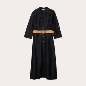 Robe longue évasée ceinturée noir femme