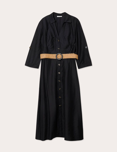 Robe longue évasée ceinturée noir femme