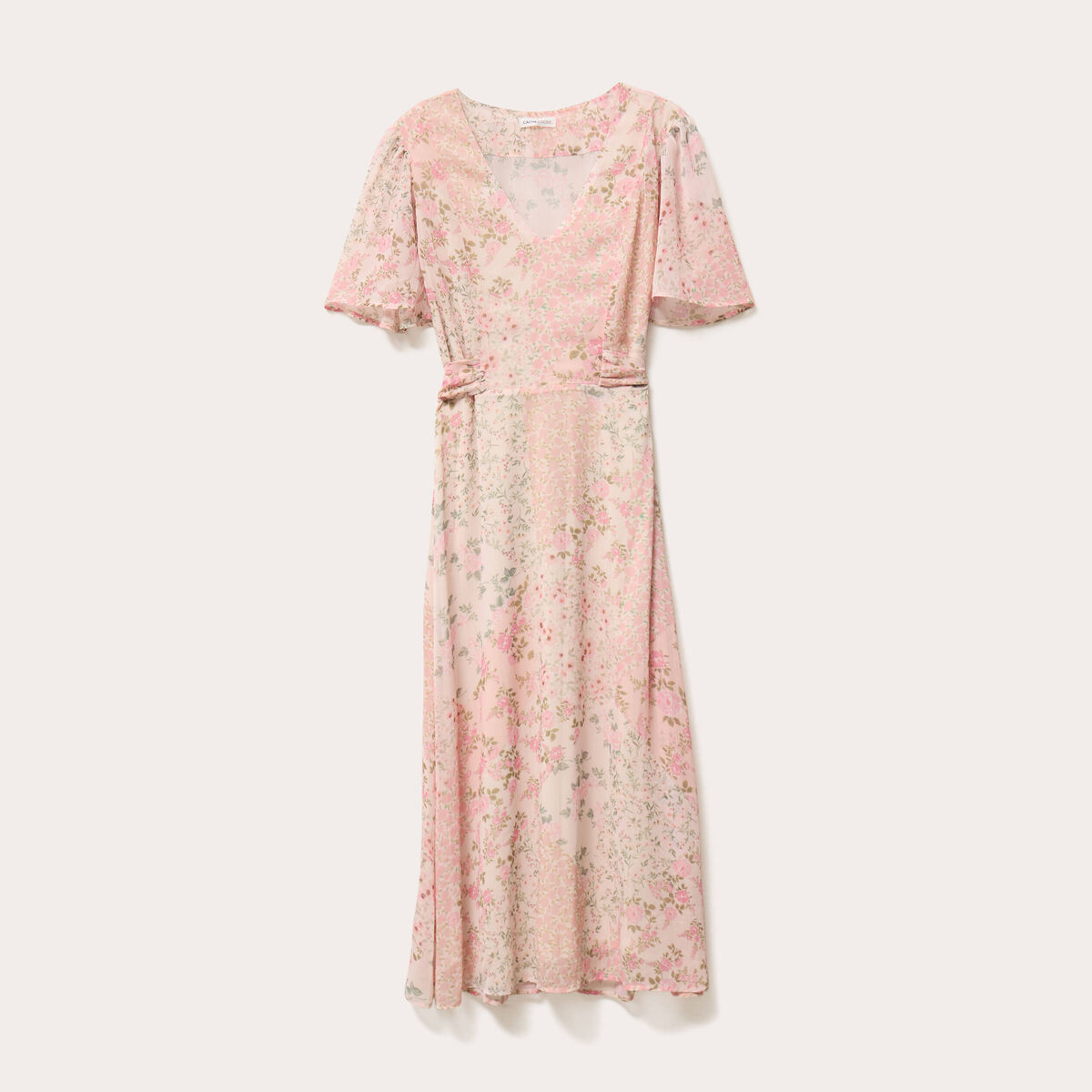 Robe midi évasée col en V rose pastel femme