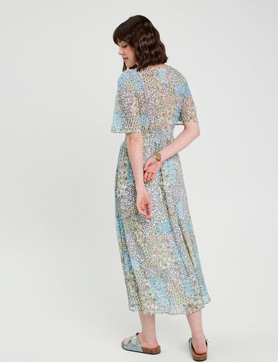 Robe longue évasée col en V bleu femme