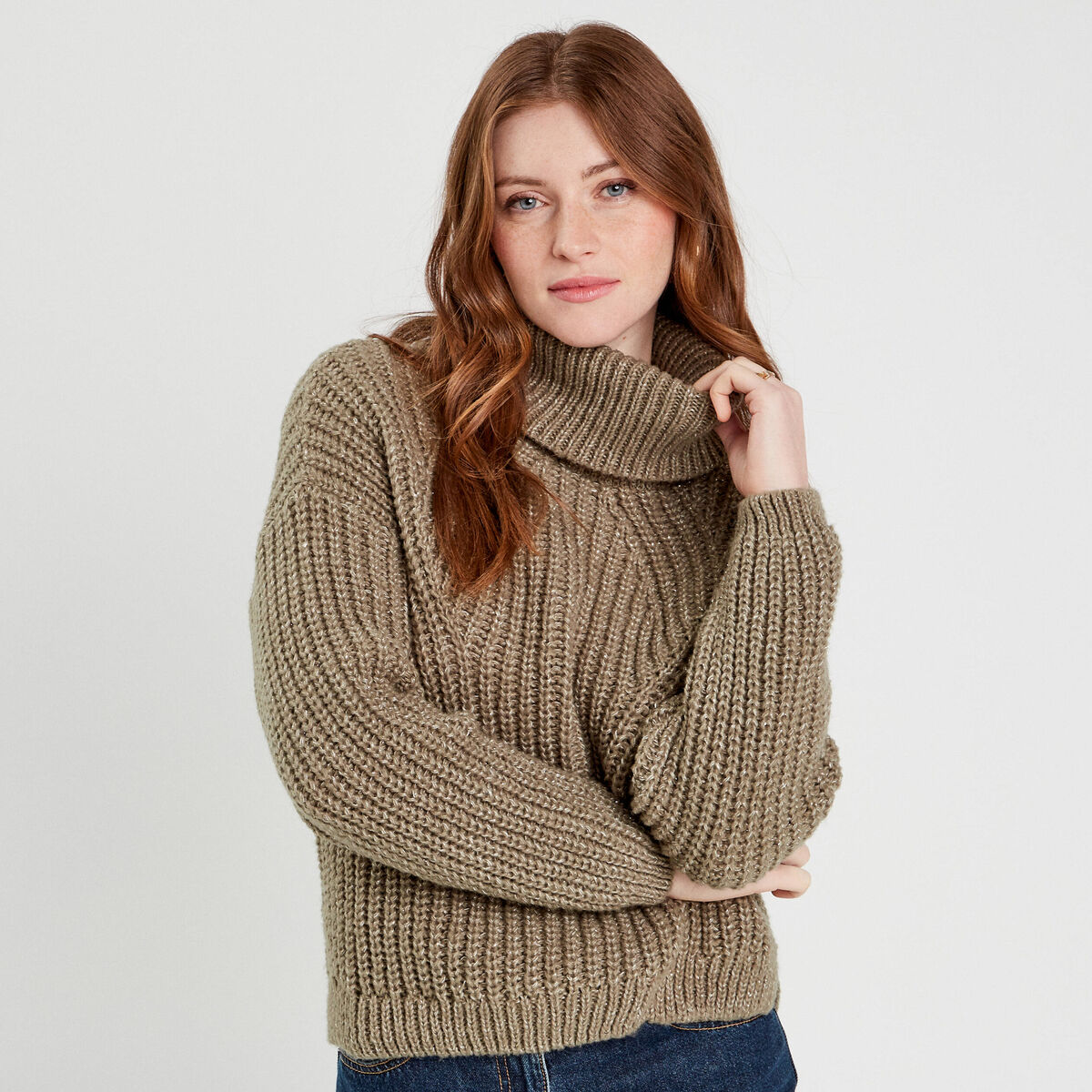 Pull avec col roulé vert kaki femme