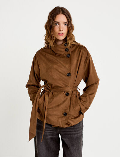 Veste col montant aspect daim marron femme