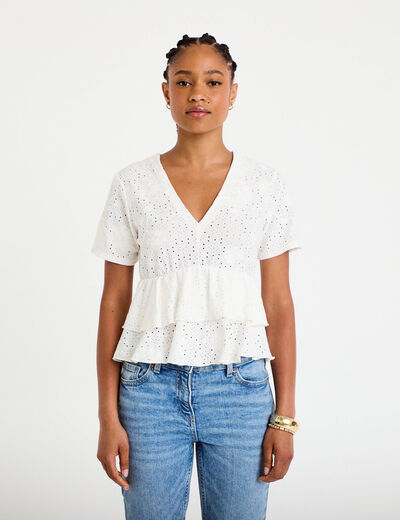 Blouse d&eacute;collet&eacute; manches courtes ecru femme