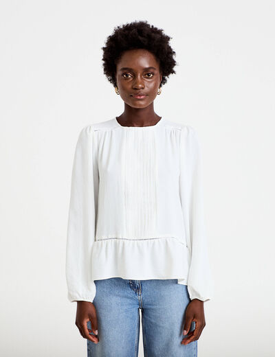 Blouse ajour&eacute;e col rond manches longues ecru femme