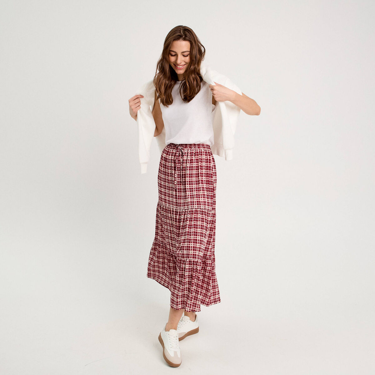 Jupe longue trapèze bordeaux femme